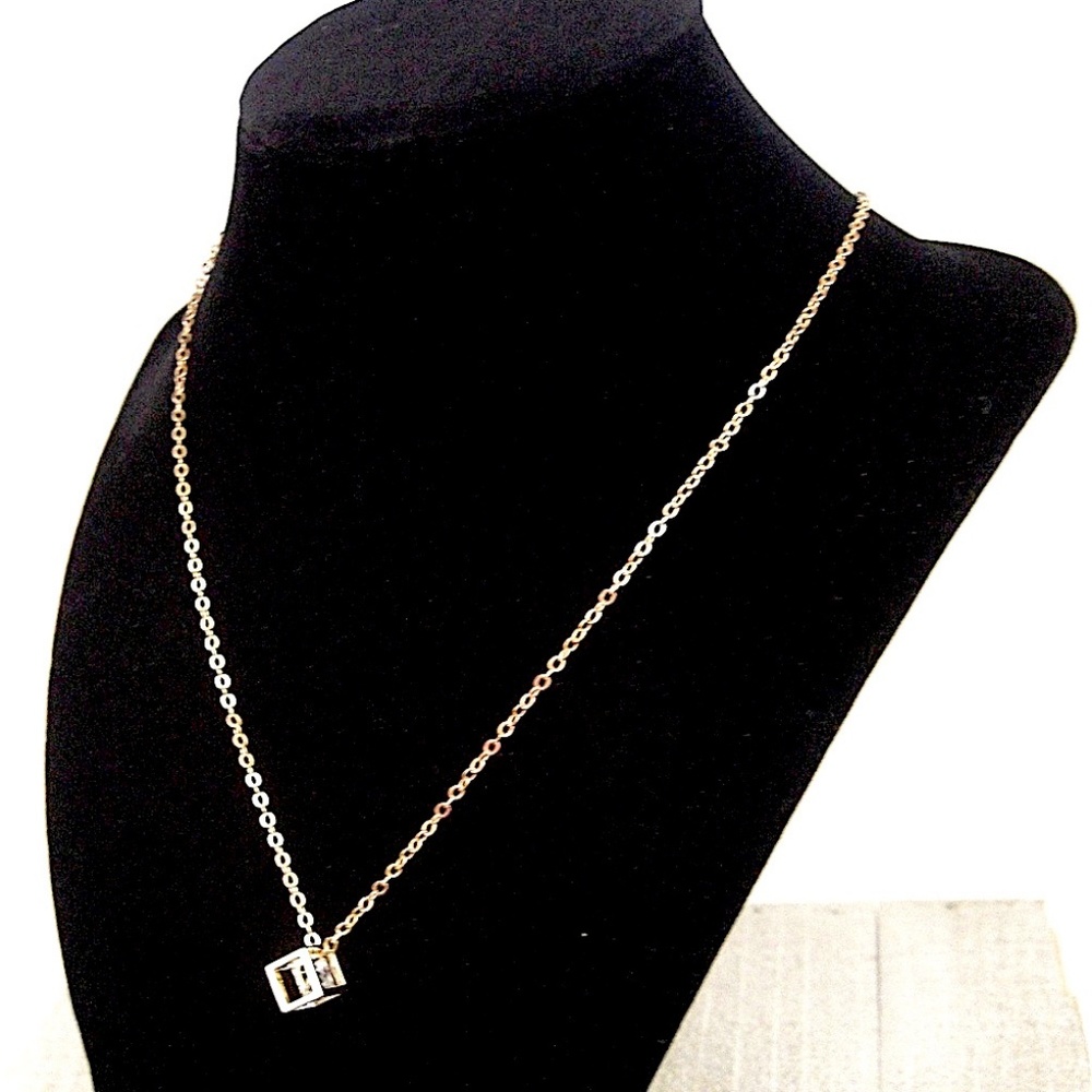 Gold Cube Necklace with Cubic Zirconia Jewel